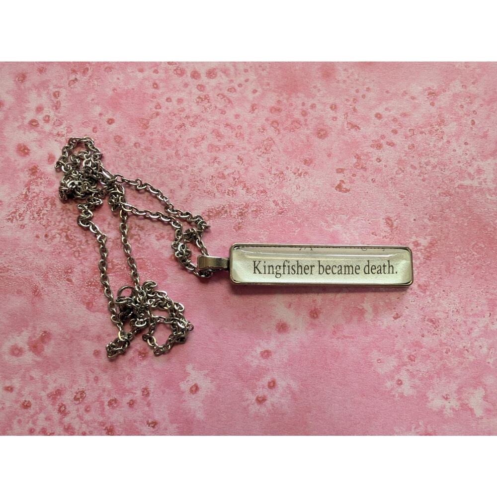 Kingfisher Became Death pendant necklace made from Quicksilver book pages
